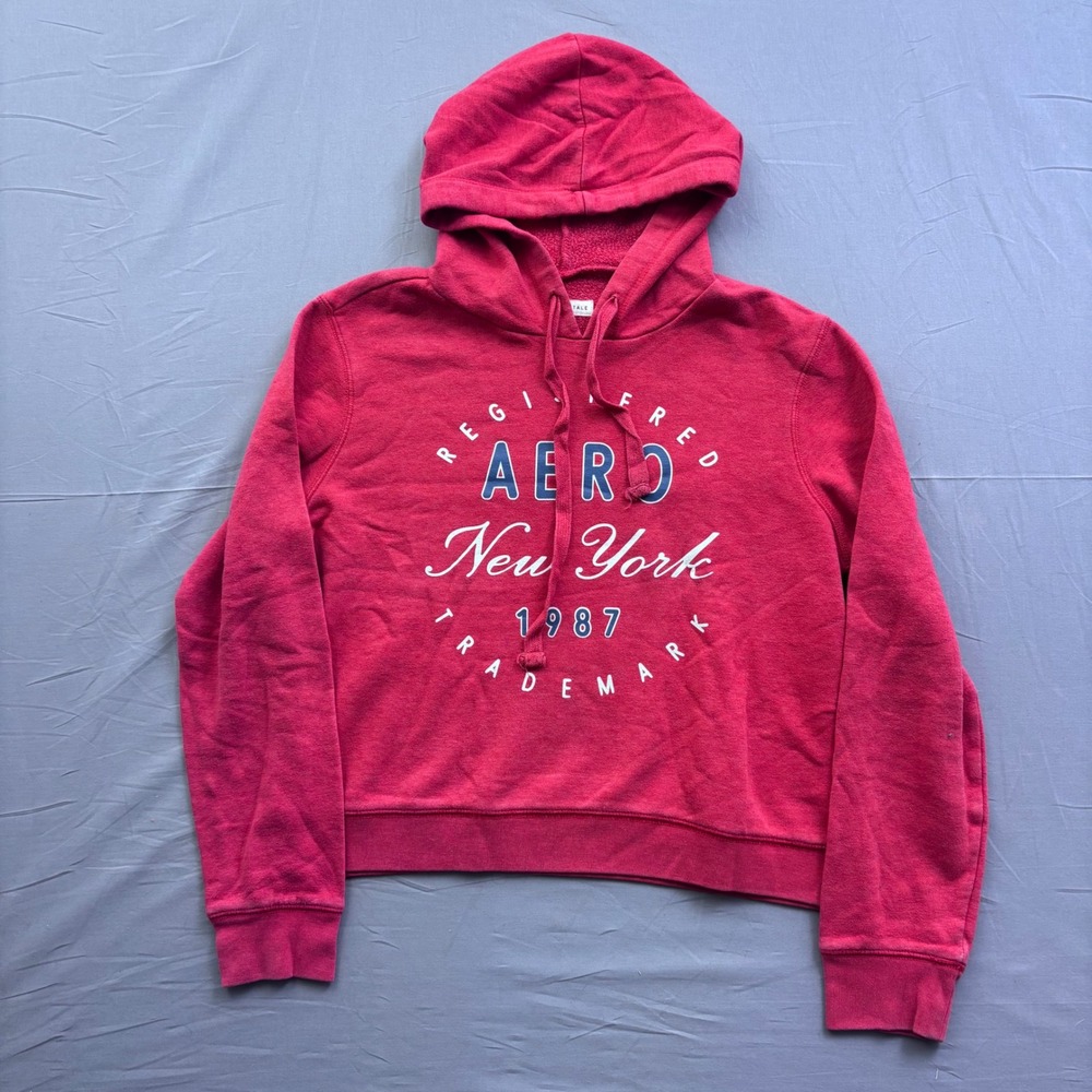 Aeropostale Womens Red Graphic Cropped Hoodie Sweatshirt New York 1987 Large